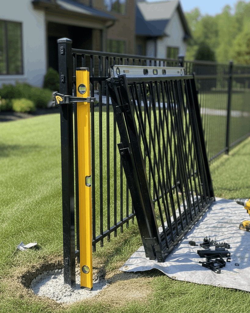 Durable Aluminum Fence installation in Athens, GA using anchored posts and aluminum panels