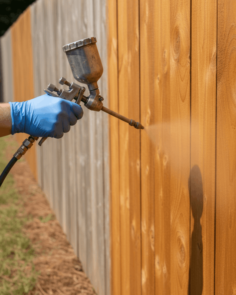 Professional Fence Staining in Athens, GA being applied to protect wood fencing