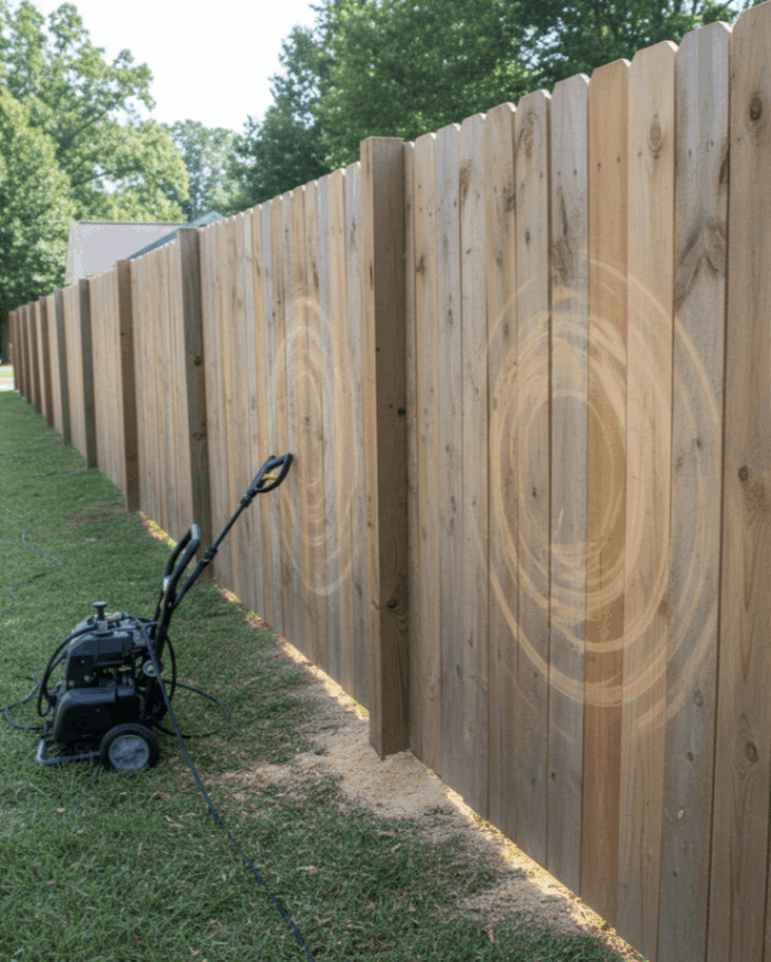 Professional Fence Staining in Athens, GA showing wood fence surface preparation before stain application