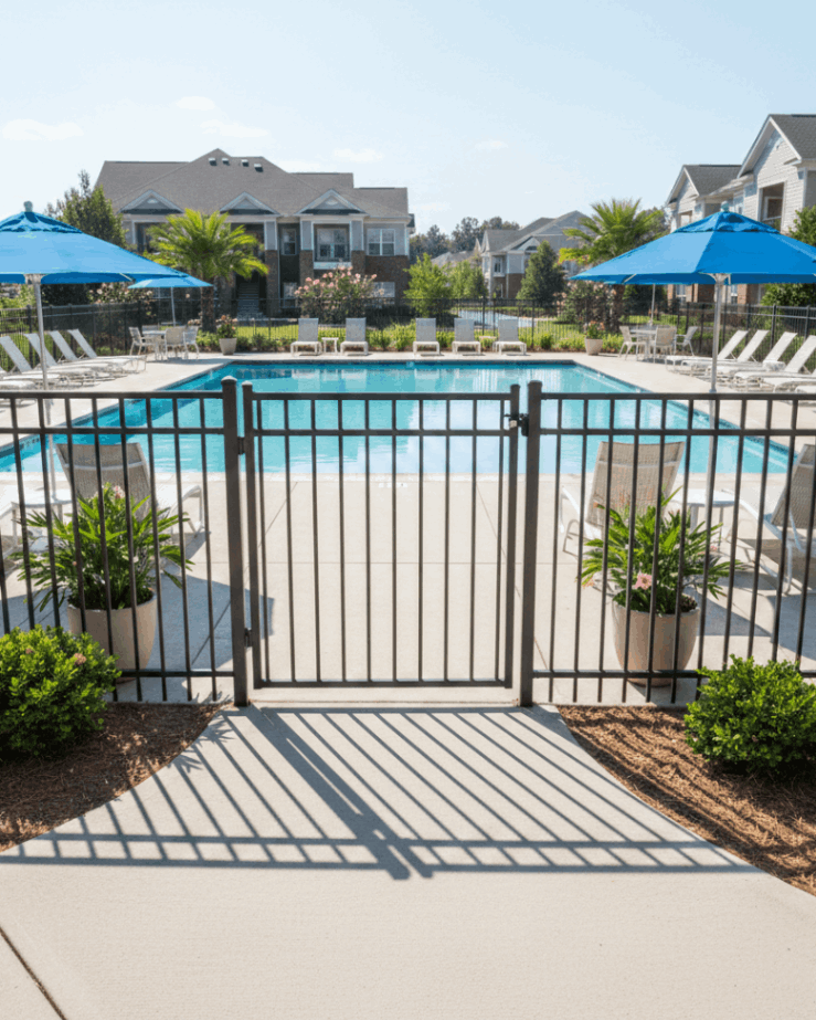 Secure Pool Fence in Athens, GA enclosing a commercial pool area for safety and access control