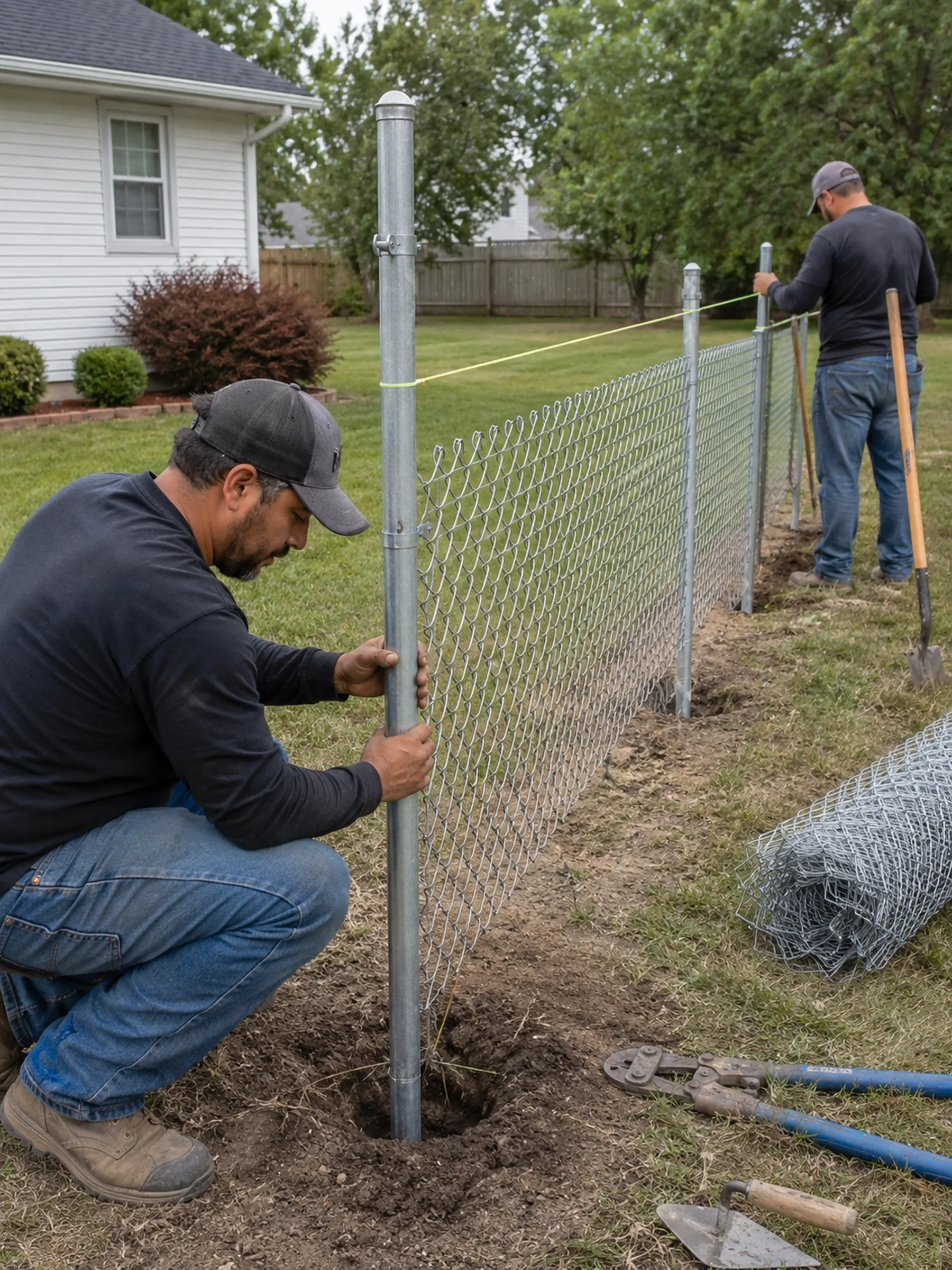 Chain Link Fence Installation in Watkinsville - GA as installers set posts beside a backyard boundary