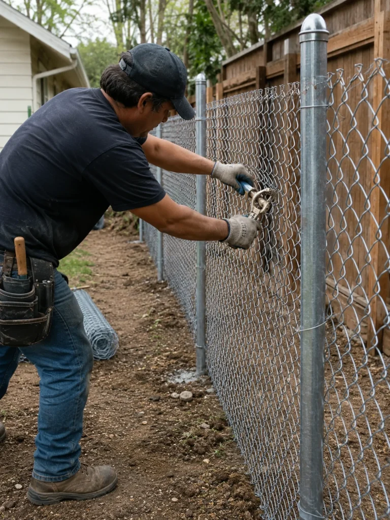 Crew completing chain link fence installation around a backyard in Watkinsville - GA