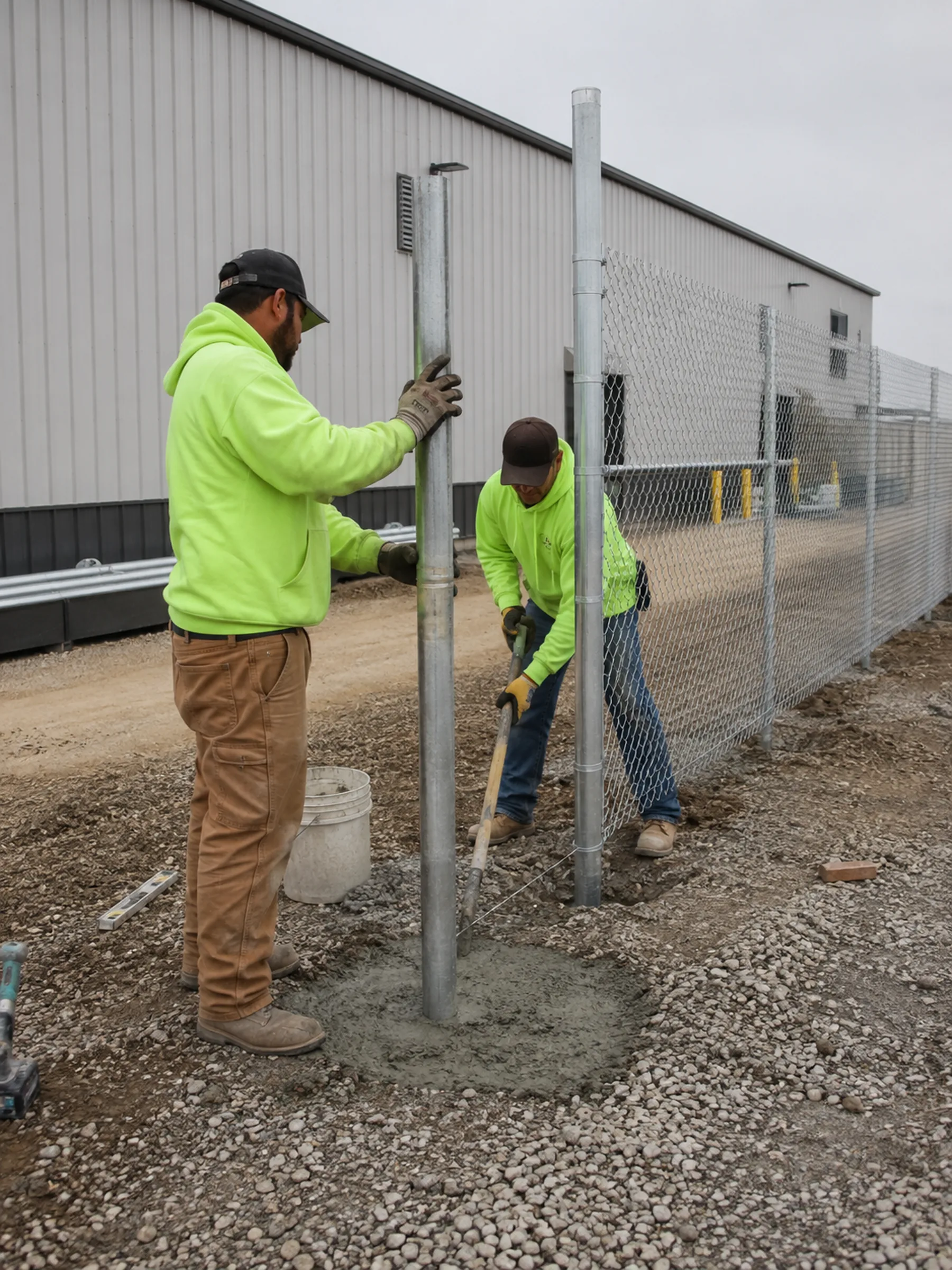 Chain Link Fence Installation in Bishop - GA as a crew stretches mesh along a backyard line