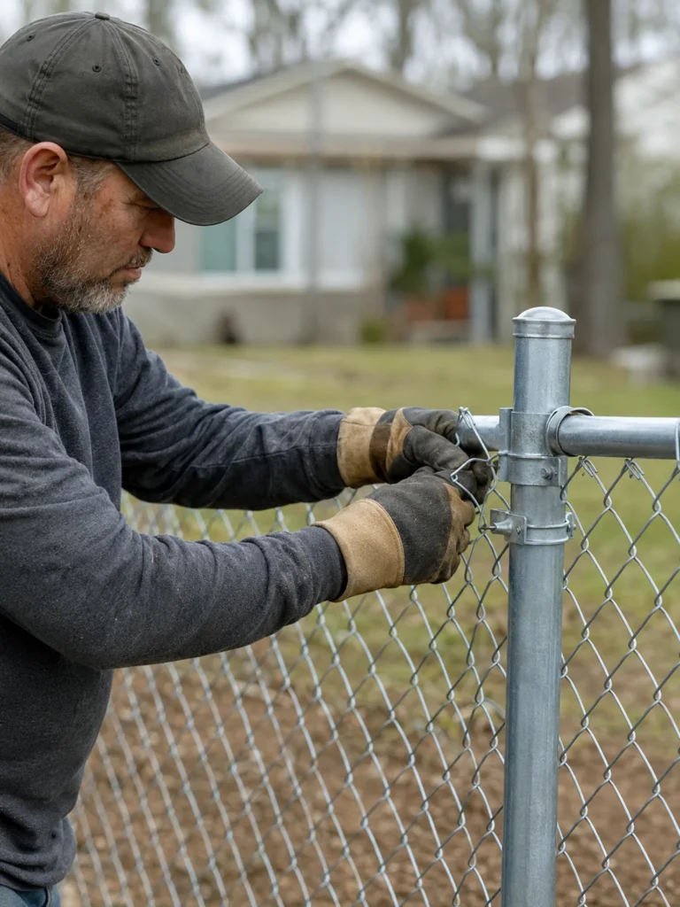 Technicians performing chain link fence installation beside a side yard in Bishop - GA