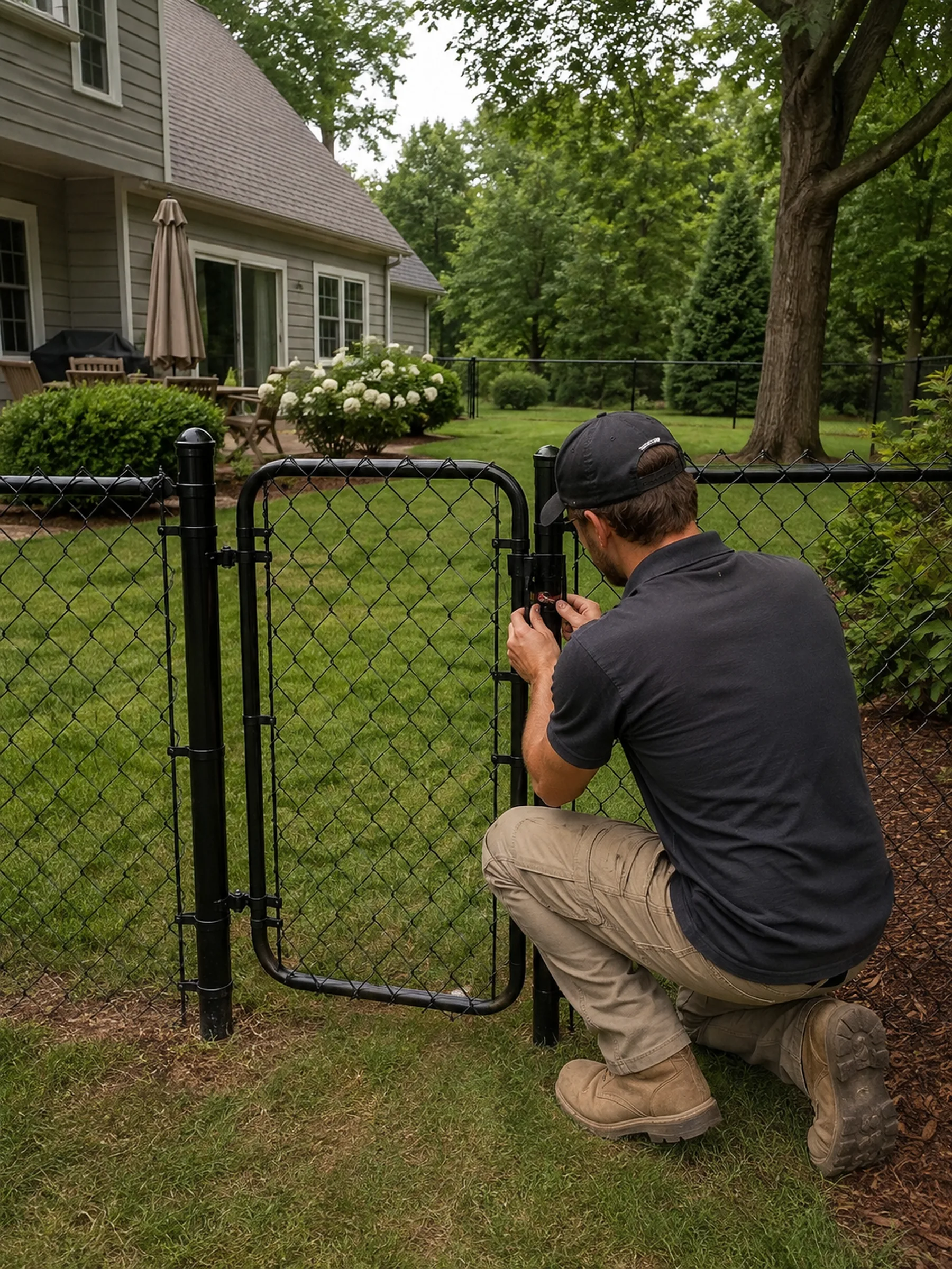 Chain Link Fence Installation in Bogart - GA as installers set posts along a side yard