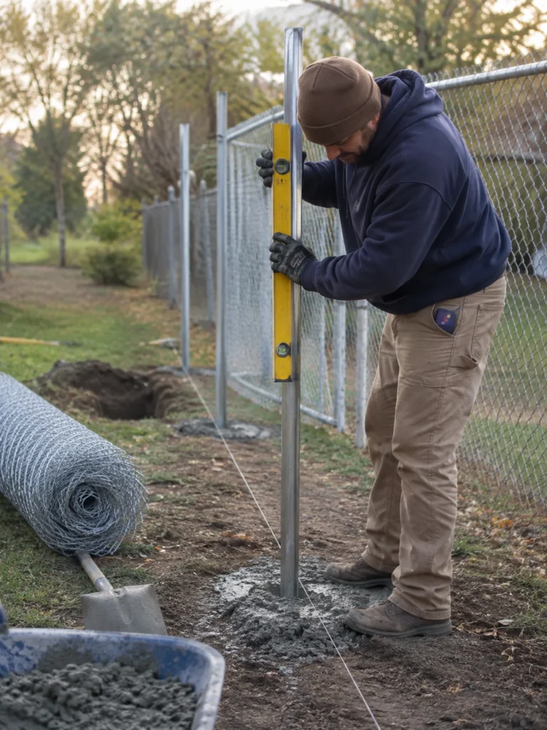 Crew performing chain link fence installation near a backyard access point in Bogart - GA